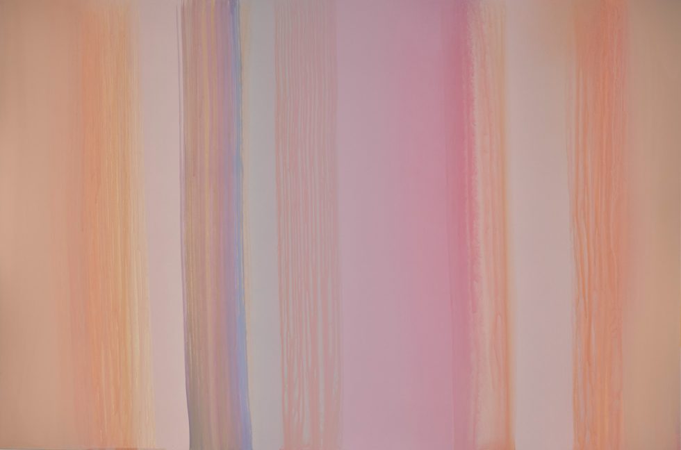 This horizontal painting is a series of pastel colored, blurred lines moving vertically down the cavas. Its colors are mostly oranges, pinks, and some blue.