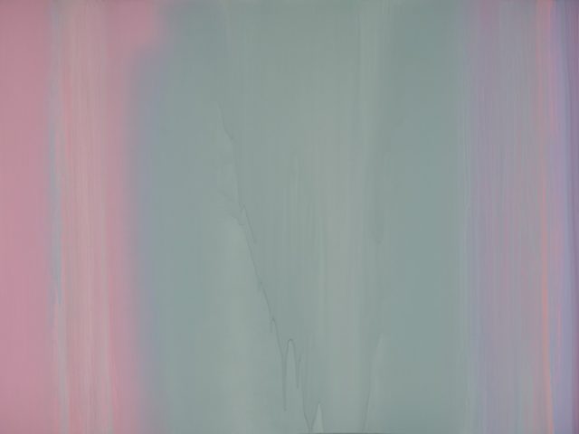 This painting shows a canvas coated in blurred pastel hues, moving vertically down the frame. They're blue, pink, and purple.