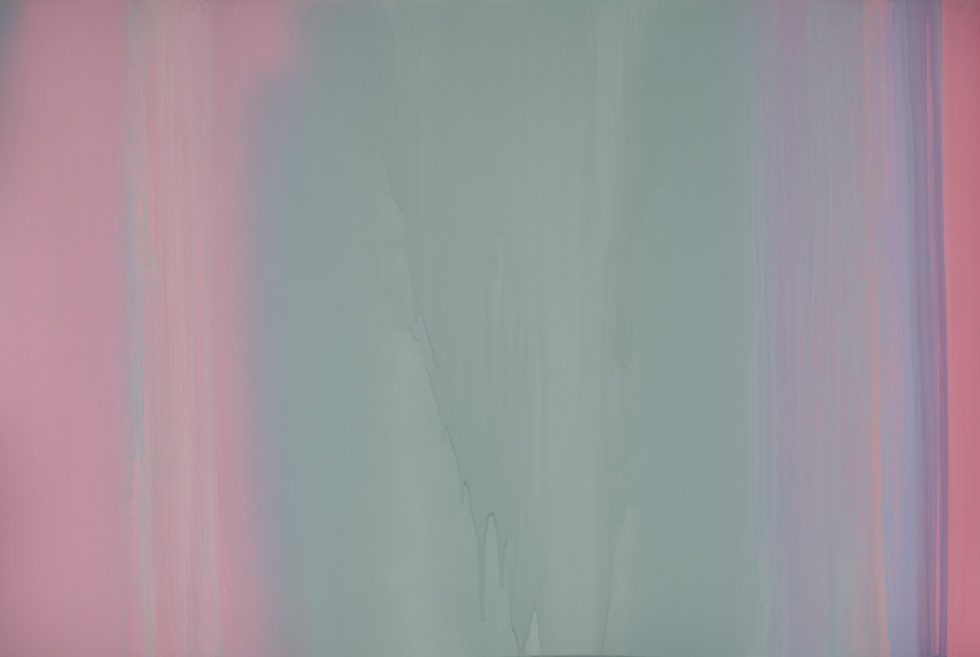 This painting shows a canvas coated in blurred pastel hues, moving vertically down the frame. They're blue, pink, and purple.