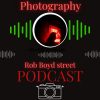 This is a logo for a street photography podcast with the words "Rob Boyd Street Podcast' in red andf the icon of a camera just below.