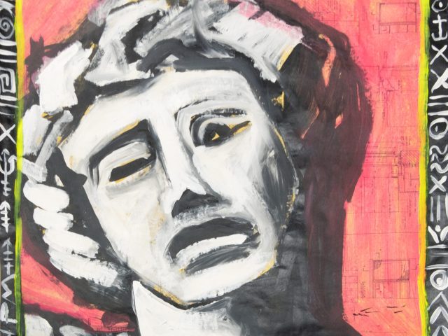 This painting depicts a person in black and white with a pink background. Their face is screwed up in anguish and they are seen from the chest up.