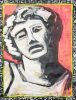 This painting depicts a person in black and white with a pink background. Their face is screwed up in anguish and they are seen from the chest up.