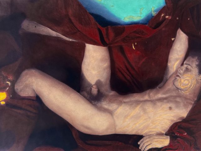 This color hand-painted silver gelatin print shows a naked man lounging underwater against red fabric