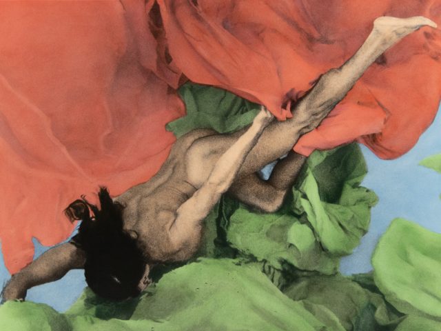 This photograph shows a naked person, seen from the back, floating in a pool with red and green fabric.