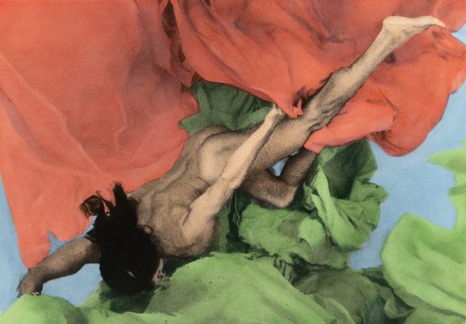 This photograph shows a naked person, seen from the back, floating in a pool with red and green fabric.