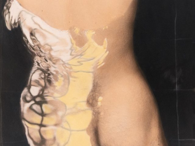 This photograph shows the back of a naked man as he swims through dark water.