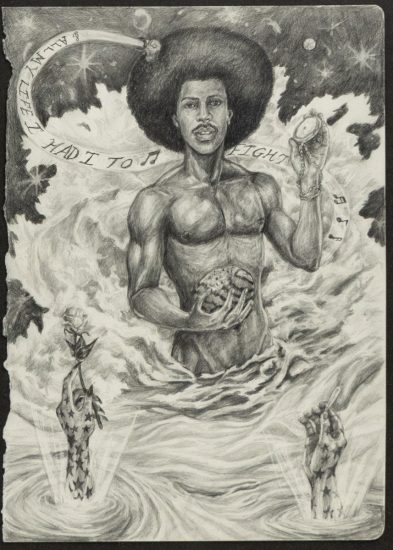 This drawing a figure standing surrounded by an ocean. Smaller figures surround him, as he rises out of the waves.