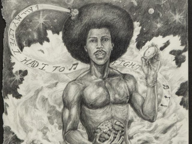 This drawing a figure standing surrounded by an ocean. Smaller figures surround him, as he rises out of the waves.