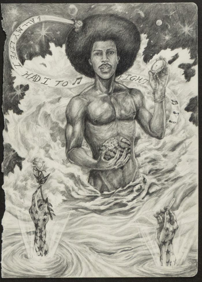 This drawing a figure standing surrounded by an ocean. Smaller figures surround him, as he rises out of the waves.