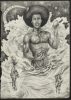 This drawing a figure standing surrounded by an ocean. Smaller figures surround him, as he rises out of the waves.
