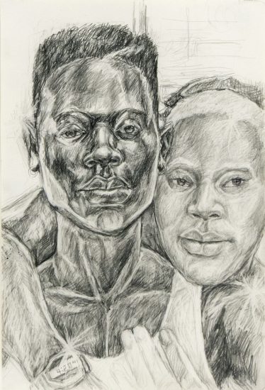 This drawing depicts a couple with their faces very close to one another. The woman has her arms around the man.