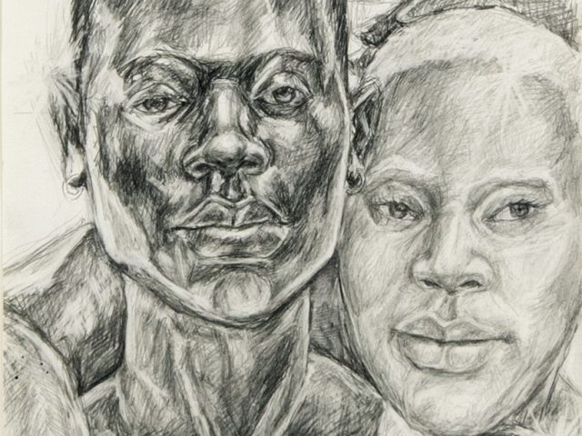 This drawing depicts a couple with their faces very close to one another. The woman has her arms around the man.