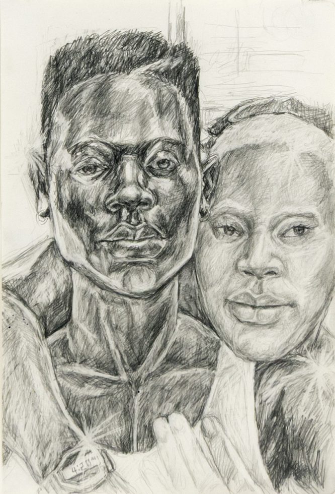 This drawing depicts a couple with their faces very close to one another. The woman has her arms around the man.