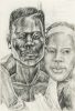 This drawing depicts a couple with their faces very close to one another. The woman has her arms around the man.