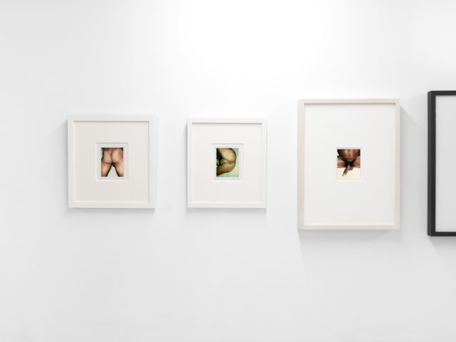 This photograph shows the walls of a gallery where photographs depicting naked body parts hang.