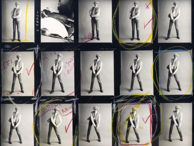 This contact sheet shows a man standing against a blank background with colorful pencil lines drawn around him.