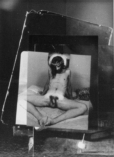 This is a collage of four black and white photographs depicting a nude Jesus.