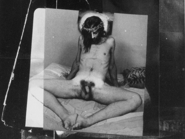 This is a collage of four black and white photographs depicting a nude Jesus.