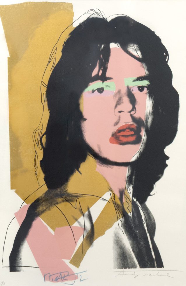 This silkscreen work depicts Muck Jagger in bright colors. He is seen from the chest up at an angle, with bright colors against the outline of his dark hair and pink skin.