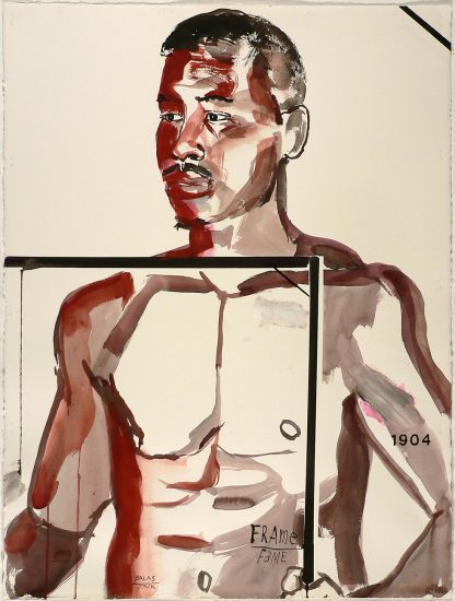 This drawing shows a man holding an empty frame to his chest.