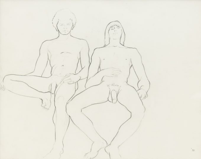 This drawing shows two naked men sitting against a blank background.
