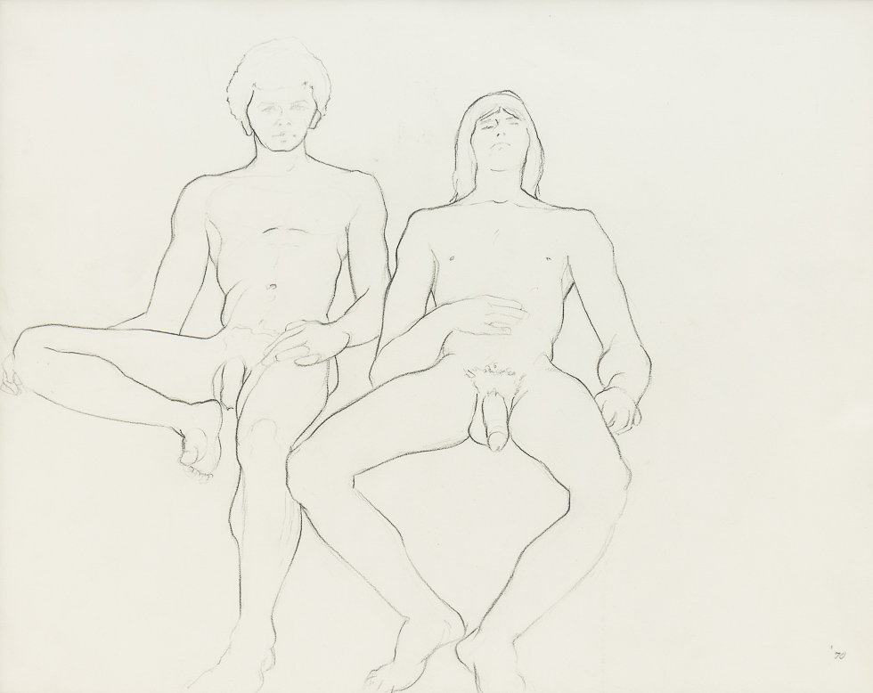 This drawing shows two naked men sitting against a blank background.