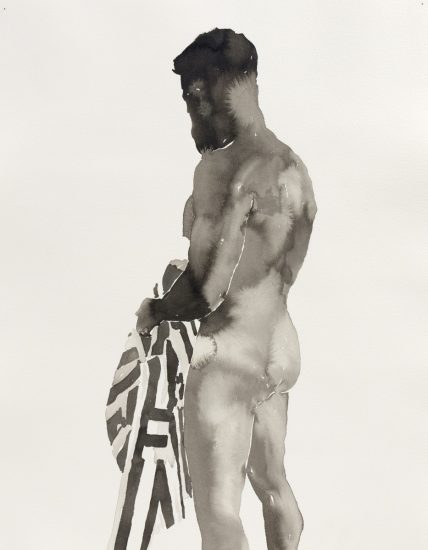 This painting shows a naked man seen from the back. He is holding a striped towel.
