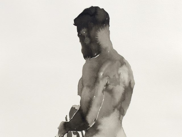 This painting shows a naked man seen from the back. He is holding a striped towel.