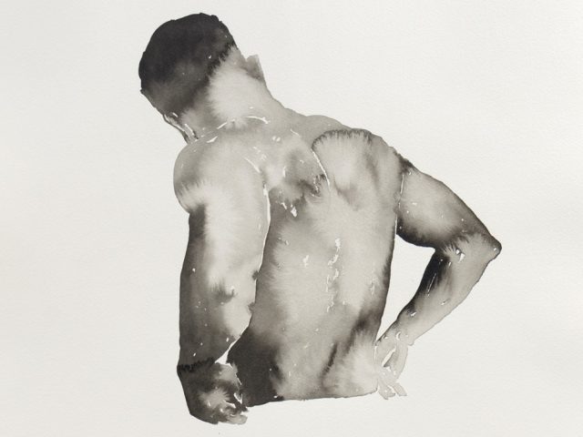 This painting shows a man seen from the back with his hands on his hips.