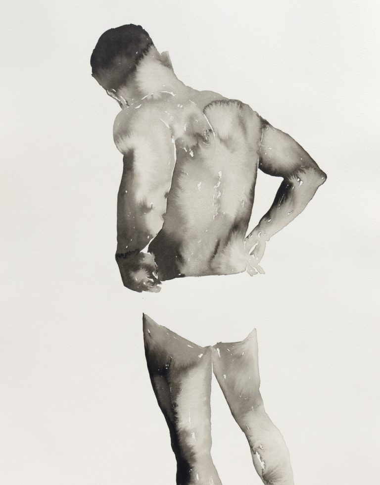This painting shows a man seen from the back with his hands on his hips.