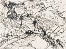 This ink on paper shows a landscape with trees and hills.