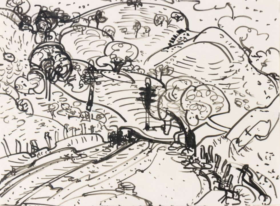 This ink on paper shows a landscape with trees and hills.