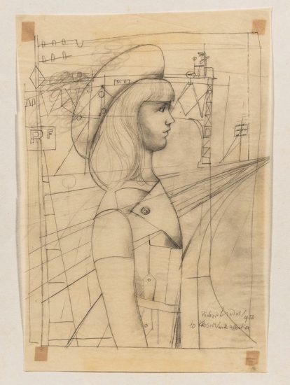 This drawing shows a girl combined with a machine, seen from the side.