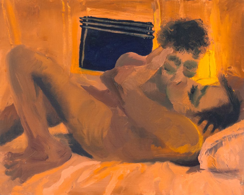 This painting shows a couple lying on a bed in a bright orange room.