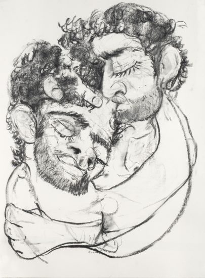 This image shows a line drawing of a man holding another man's head to his chest