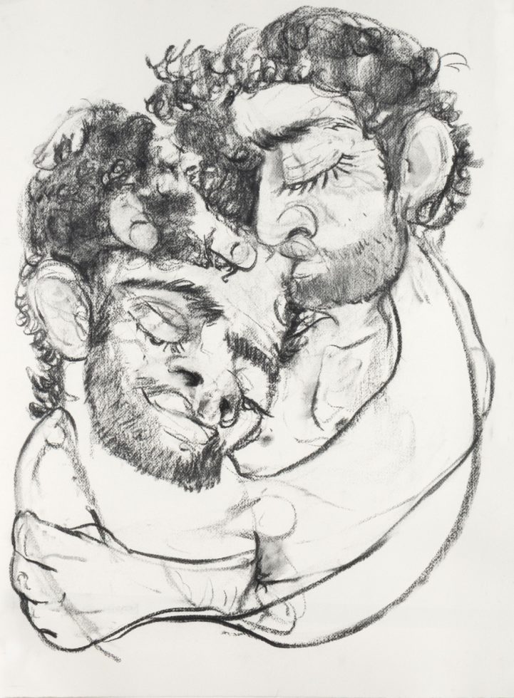 This image shows a line drawing of a man holding another man's head to his chest