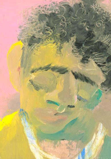 This painting shows a man's face against a pink background. He looks downwards at the ground.