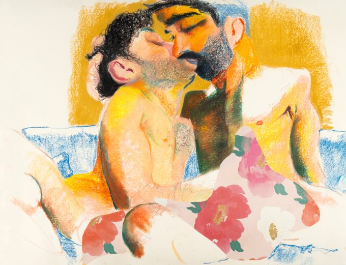 This painting shows two men kissing on a bed with a spread of flower patterns.