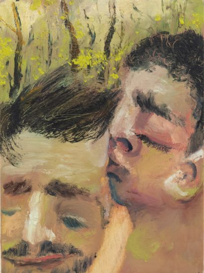 This painting shows a couple with their heads close together in the woods.