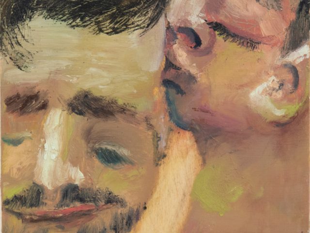 This painting shows a couple with their heads close together in the woods.