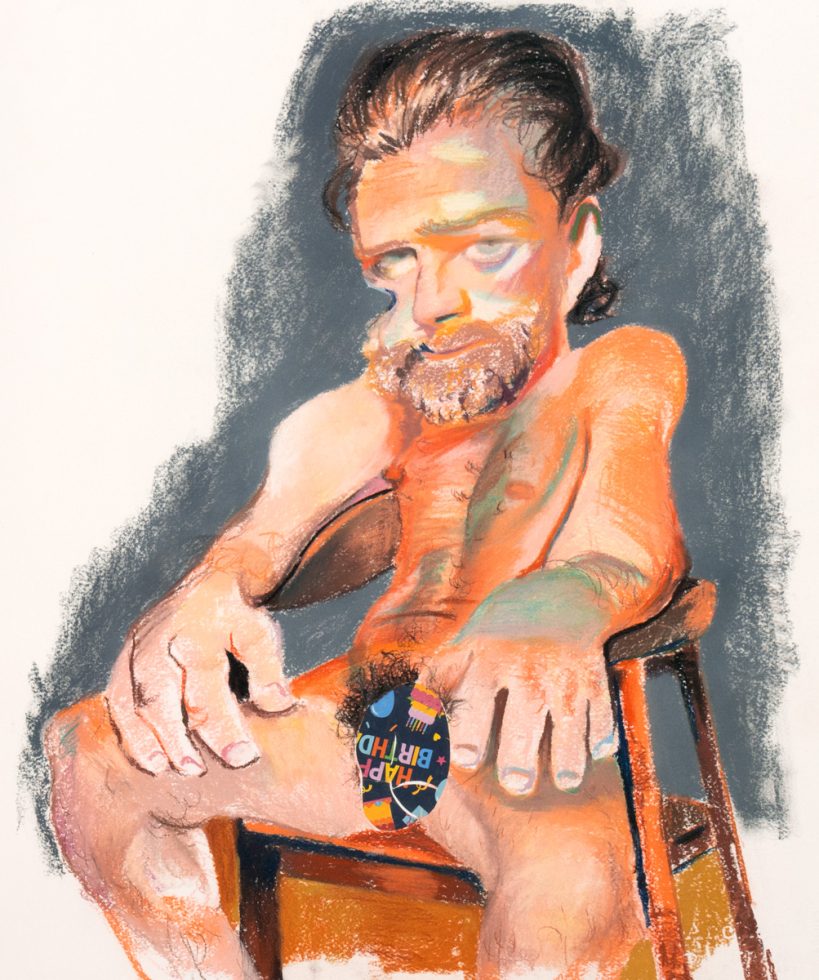 This painting depicts a man sitting in a chair with his hands on his knees.