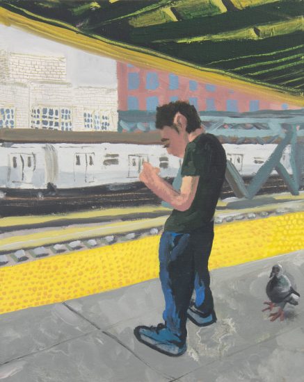 This painting shows a man standing on the subway.