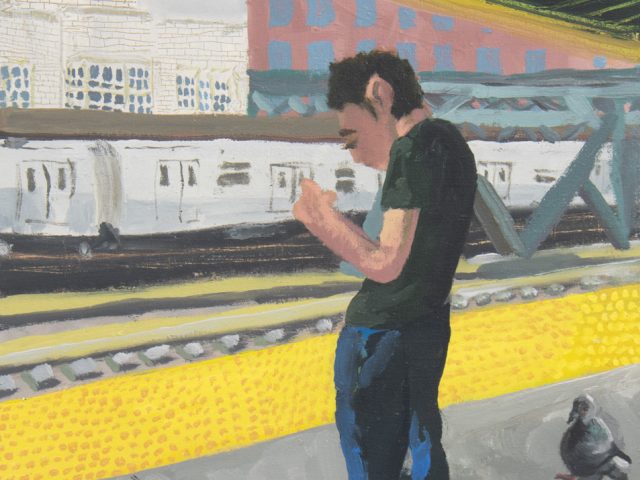 This painting shows a man standing on the subway.