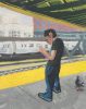This painting shows a man standing on the subway.
