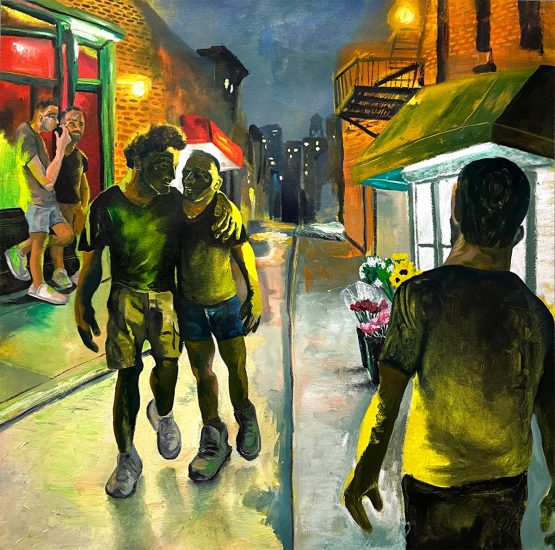 This painting shows a scene at night where two men are walking with their arms around one another.