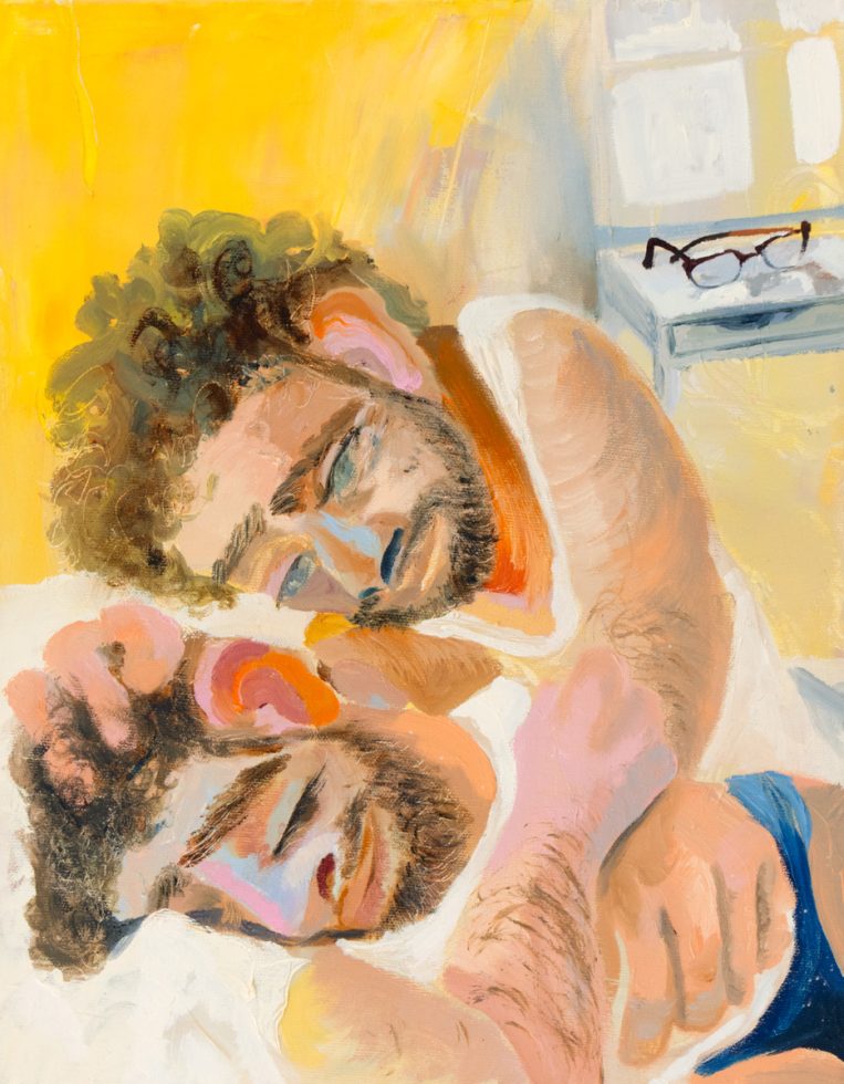 This painting depicts a man holding the head of another man in his lap.