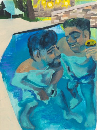 This painting shows two men half submerged in the bright blue water of a pool. One is holding a can while looking at the other.