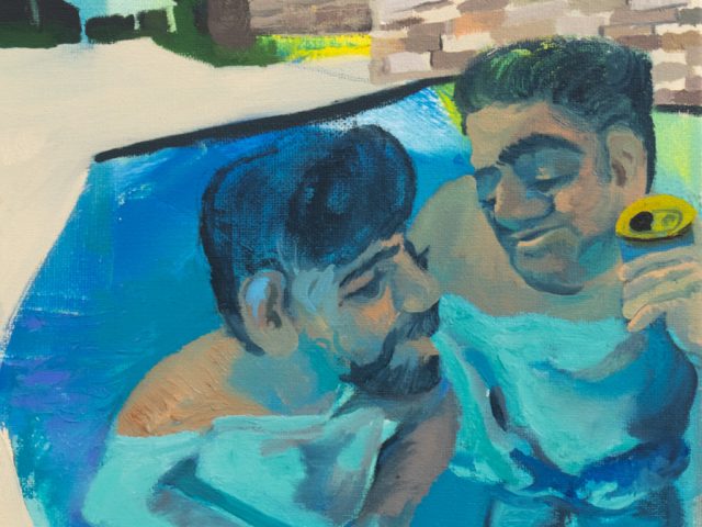 This painting shows two men half submerged in the bright blue water of a pool. One is holding a can while looking at the other.