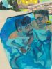 This painting shows two men half submerged in the bright blue water of a pool. One is holding a can while looking at the other.