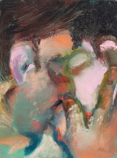 This painting depicts a brightly colored couple kissing passionately.
